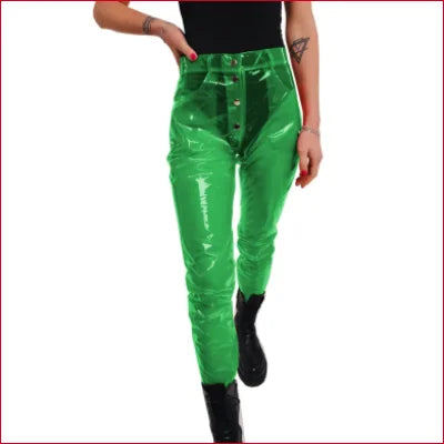 Bright green disco styled vinyl plastic trousers with drawstring waist for all sizes