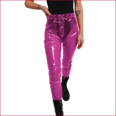 Bright magenta disco styled vinyl plastic trousers with a drawstring waist for any size