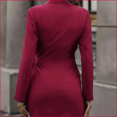 Fitted burgundy dress trench short coat with long sleeves viewed from the back