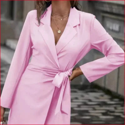 Pink wrap-style blazer dress trench short coat with tie waist available in various sizes