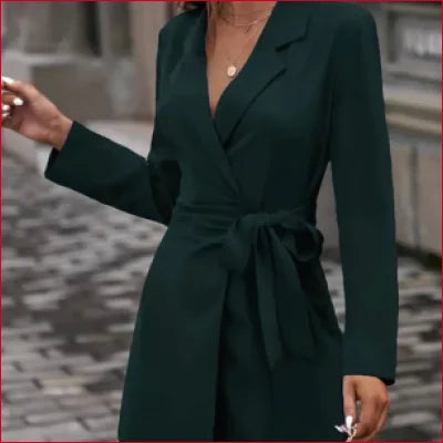 Dark green dress trench short coat with tie waist, available in various colors and sizes