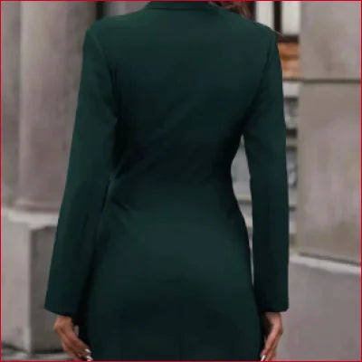 Dark green fitted dress trench short coat viewed from the back, available in various sizes