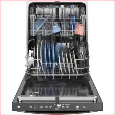 Open Dry Boost 24 Inch Dishwasher showing dishes and third rack in fingerprint-resistant finish