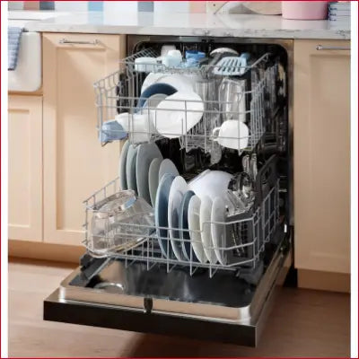 Open Dry Boost 24 Inch Dishwasher with Third Rack, filled with spotless dishes