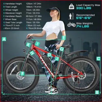 Red Fat Tire Electric Bike showcasing specifications for an Electric Bike 48V all terrain