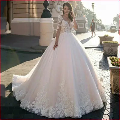 Elegant Ball Gown Vestidos De Novia Customized Long Sleeves Scoop Neck Brush Train Wedding Dresses Appliques Vestido De Noiva - All White
