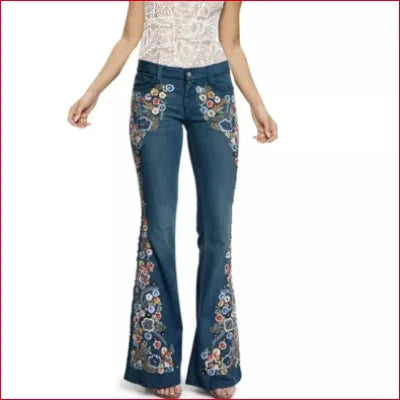 Flared Flowers Bell Bottom Women’s Jeans with colorful floral embroidery detail