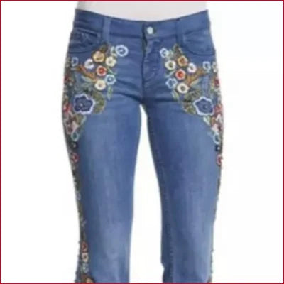 Embroidered blue Flared Flowers Bell Bottom Women’s Jeans with colorful floral designs