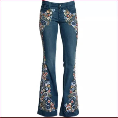 Flared Flowers Bell Bottom Women’s Jeans with colorful floral embroidery details