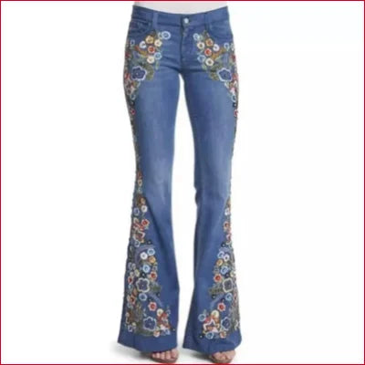 Flared Flowers Bell Bottom Women’s Jeans with colorful floral embroidery design