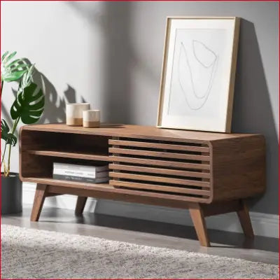 Wooden Ensley TV Stand, 46-inch Mid-Century Modern design with sleek rounded finishing