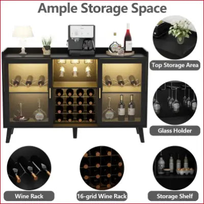 Black Ermo Wine Bar Cabinet with ample storage and LED light for stylish home use