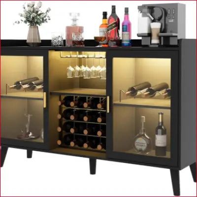 Ermo Wine Bar Cabinet with glass doors and LED light for stylish home coffee storage