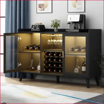 Ermo Wine Bar Cabinet with glass doors and LED light for stylish home coffee storage