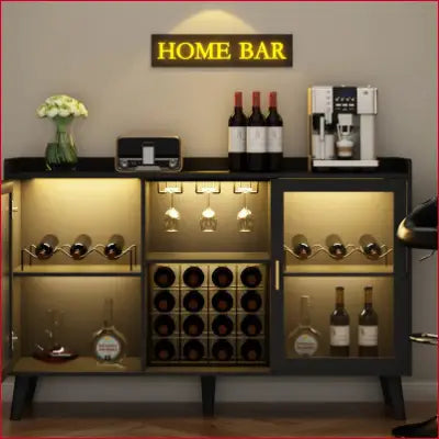 Ermo Wine Bar Cabinet with LED light and glass rack for stylish home entertainment