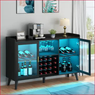 Illuminated Ermo Wine Bar Cabinet showcasing an elegant wine and glass rack