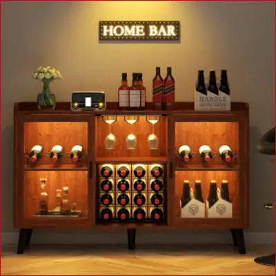 Illuminated Ermo Wine Bar Cabinet with LED Light and home coffee cabinet features