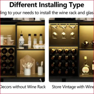 Wine rack installation options for Ermo Wine Bar Cabinet with LED light and glass storage