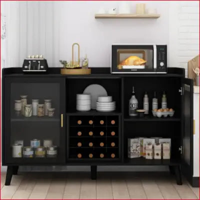 Black Ermo Wine Bar Cabinet with glass door and wine rack for home coffee storage