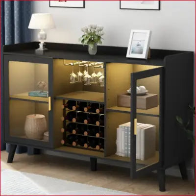 Black Ermo Wine Bar Cabinet with LED light and wine storage for home coffee use