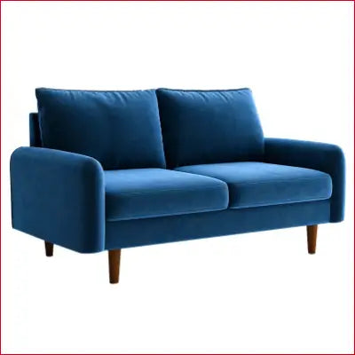 Blue velvet loveseat from Everly Quinn Hessville Sofa collection with round arms