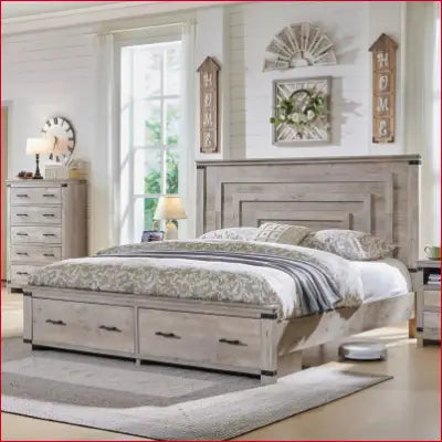 Whitewashed wooden bedroom set featuring a Farmhouse King Size Bed Frame with tall geometric headboard