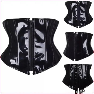 Black patent leather corset with front zipper for a stylish women’s lingerie look