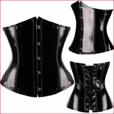 Shiny black leather corset women’s lingerie with hook-and-eye closures from various angles