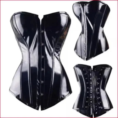 Shiny black and silver leather corset women’s lingerie with front closures and boning details