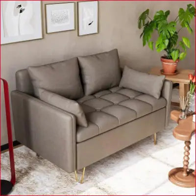 Taupe-colored tufted loveseat from Faux Leather Love Seats with modern design and lift-up storage box