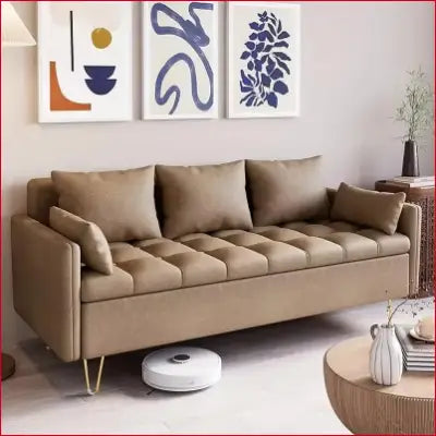 Beige tufted sofa with throw pillows in modern design leather love seats with lift-up storage box