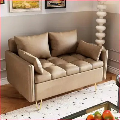 Beige tufted seat faux leather love seats with lift-up storage box and gold metal legs