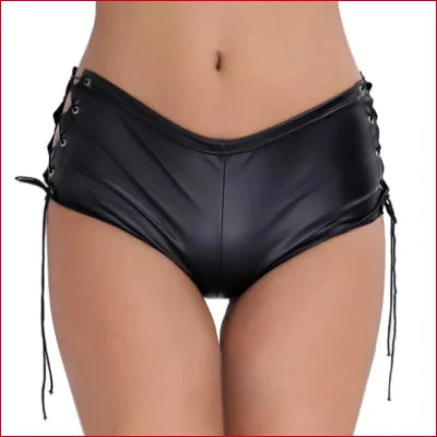 Faux Leather Lace-Up Side Black Shorts for Women with stylish crotch zipper detail