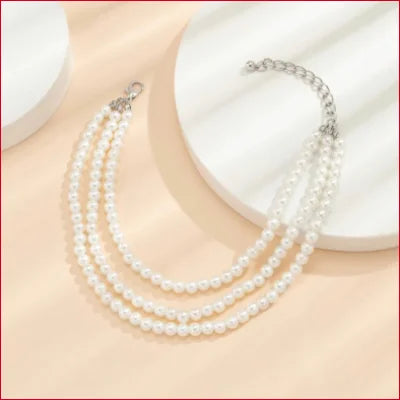 Multi-strand pearl necklace with silver clasps for size adjustable faux pearls anklet elegance