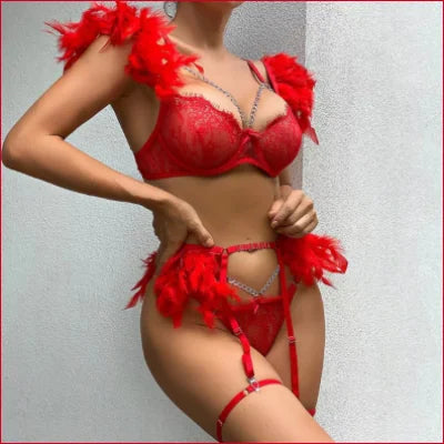 Bright red Feathers Chain Bra and Panties Set with feathery accents and garter straps