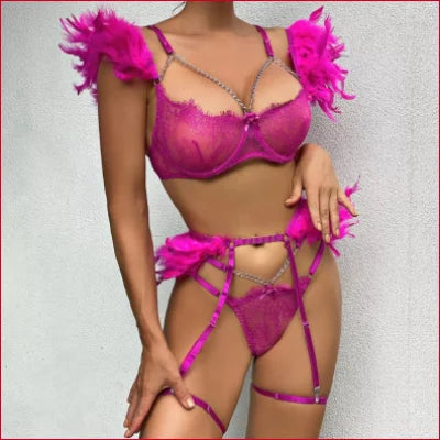 Bright pink Feathers Chain Bra and Panties Set with feathered accents and strappy details