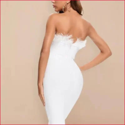 Strapless white bodycon club party dress with feathered neckline detailing for women