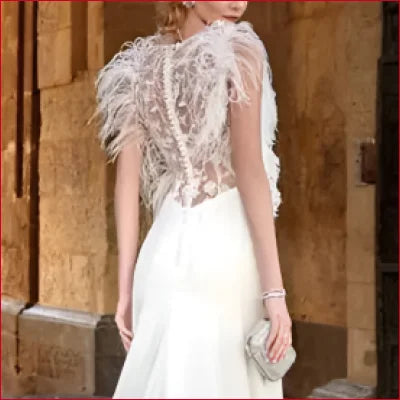 Elegant Feathers Wedding Dress in White or Ivory with intricate lace detailing