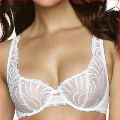 White lace bra with floral embroidery in sheer mesh unlined design for elegance and comfort