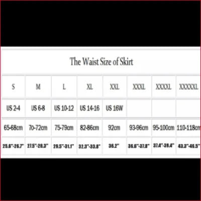 Size chart for waist measurements for Fetish Wedding Bridal Gown with Tulle Skirt