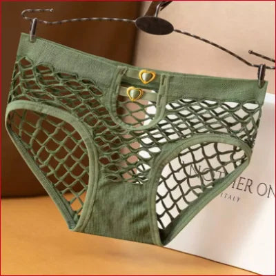 Green mesh-patterned women’s spicy fishnet bridal lingerie with decorative gold buttons