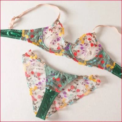 Floral print bikini with green trim and pink straps from Colourful Flowers Bra Panties Set