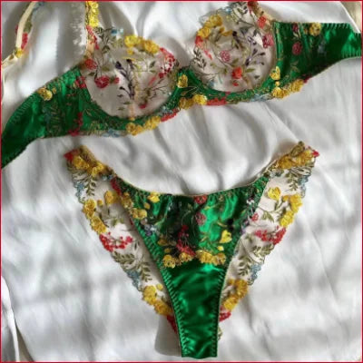 Floral-patterned green bikini set with gold trim from Colourful Flowers Bra Panties Set