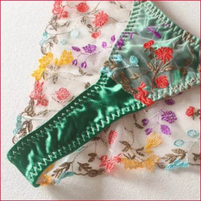 Embroidered green underwear from Colourful Flowers Bra Panties Set with floral stitching