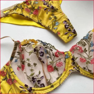 Floral embroidered bikini top and bottom in yellow and beige from Colourful Flowers Bra Panties Set