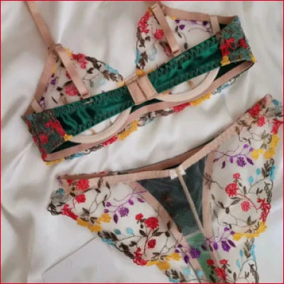 Floral print bikini set with green trim from the Colourful Flowers Bra Panties Set