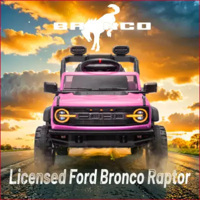 Pink Ford Bronco Raptor 12V powered ride on truck for kids with remote control and features