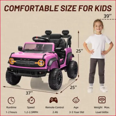 Pink Ford Bronco Raptor 12V powered ride on truck dimensions for kids electric car