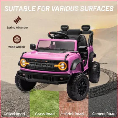 Pink Ford Bronco Raptor 12V powered ride on truck for kids with remote control and LED light