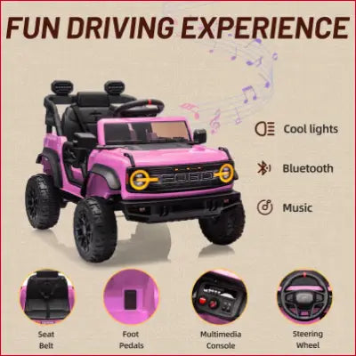 Pink Ford Bronco Raptor 12V ride-on truck toy with remote control and Bluetooth features